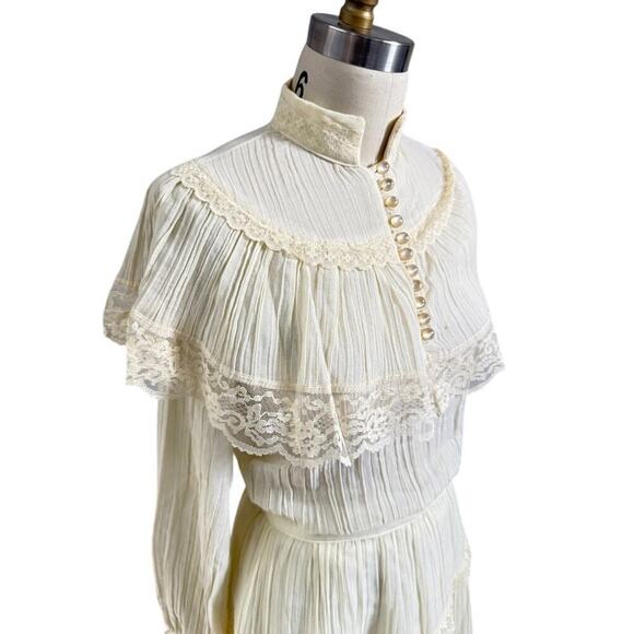 VTG 1970s Ivory Gauze Lace Blouse + Skirt Set Gunne Sax Style Romantic Sz M 11 - Picture 3 of 6